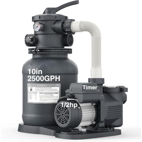 10 Sand Filter Pump for Above Ground Pool with Timer | 1/2HP 2500GPH Pool Pumps Above Ground for Pools Up to 11,000 Gallons, Pool Sand Filter with 6-Way Valve, Efficient Filtration