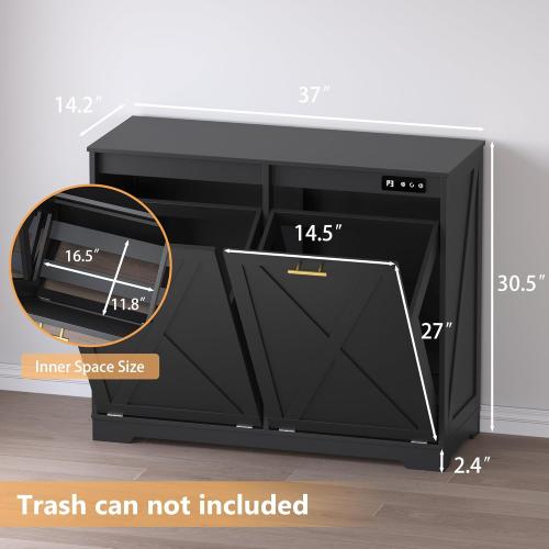 Color Black Tilt Out Trash Can Cabinet for 2 Bins, Hidden Recycle Garbage Bin Enclosure, Wooden Double Laundry Cabinet with Odor Control, Negative Ion & Ozone, for Kitchen, Bathroom, Laundry Room