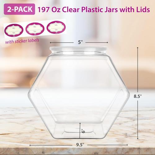 DilaBee 2-Pack Plastic Cookie Jar 1.5 Gallon (197oz) - Large Cookie Jar, Hexagon Candy Dish with Lid for Kitchen, Candy Bowl for Office - Sugar and Flour Containers, Plastic Jar with Labels - BPA-Free