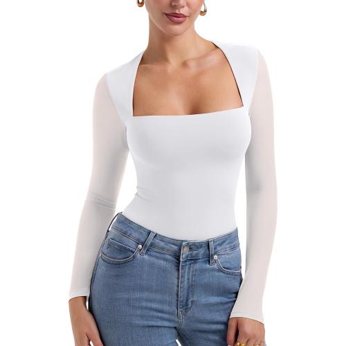 Size S PINKMSTYLE Womens Mesh Square Neck Long Sleeve Bodysuit Going Out Tops Date Night Outfit 2025