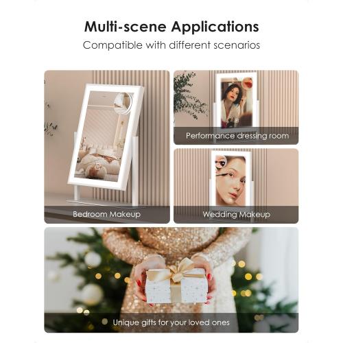 Hollywood Vanity/Makeup Mirror with Lights,18.9x11.8Lighted Makeup Mirror,Three Color Lighting Modes,Detachable 10X Magnification Mirror,360 Rotation,Touch Control,for Dressing Room,Bedroom ( little damage on the little mirror see the pictures )