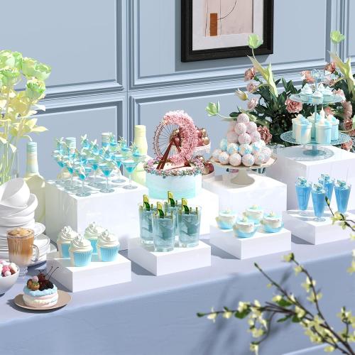 6PCS Buffet Risers, Food Risers for Buffet Table, Acrylic Boxes for Food, Display Stand for Party Catering Dessert Collectibles, Acrylic Cube Boxes with Hollow Bottoms, Food Stand Set, White (6x7x8)