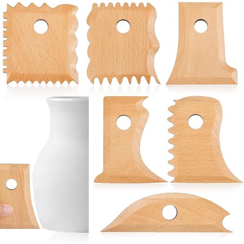 Amylove 7 Pcs Pottery Tools Pottery Foot Shaper Trimming Tools Profile Rib Bundle Foot Shaper for Ceramics for Carving Clay Molds Clay Texture Ribs Ceramics, Beech Wood (Wood Color)