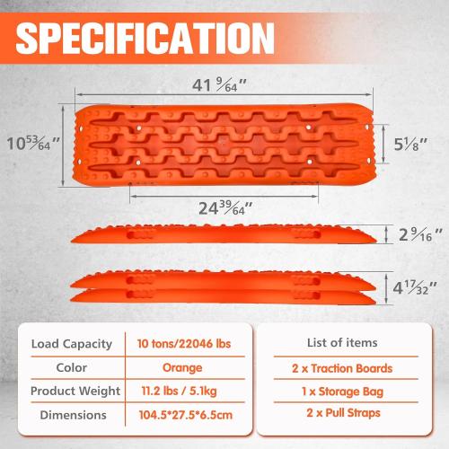 YATOINTO Off-Road Traction Boards, Recovery Boards for 4WD Mud,Sand,Snow,Rock Tracks.4X4 Pair Recovery Tracks Tire Traction Mats with 2 Straps&Storage Bag for RV Truck Jeep SUV,Orange