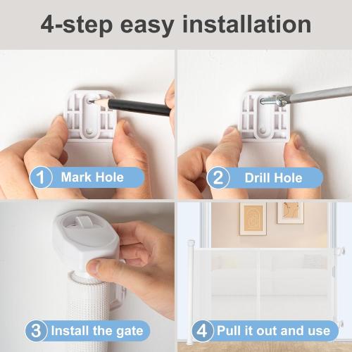 White 100″ Retractable Baby Gate – 34″ Tall Extra Wide Mesh Safety Gate for Open Floor Plans, Wide Doorways – Baby and Pet Barrier for Indoor Outdoor Use, White