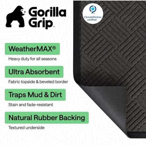GORILLA GRIP 100% Waterproof All-Season WeatherMAX Doormat US Designed Natural Rubber, Stain Fade Resistant, Low Profile Indoor Outdoor Door Mats, Easy Clean, 29x17 Gray Diamond