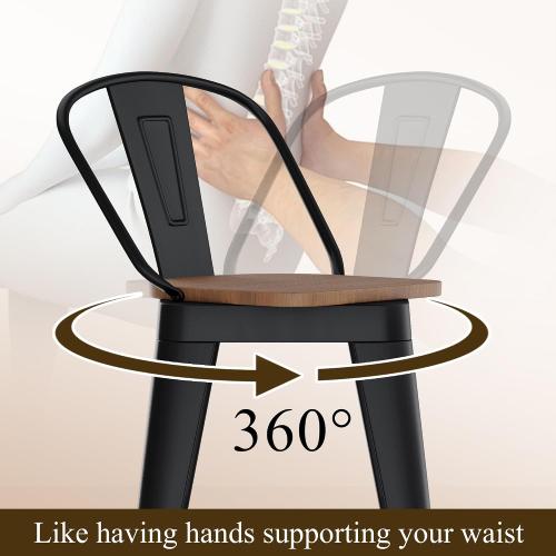 Aklaus Swivel Metal Bar Stools 26 inch Swivel Counter Height Barstools Set of 2 Modern Farmhouse Bar Chairs with High Backs and Large Wooden Seat for Kitchen Island Dining Room Matte Black
