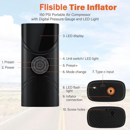 Cordless Tire Inflator - Portable Air Compressor 150 PSI, Fast 9000 mAh Pump for Car, Bike, Motorcycle & Bicycle Tires