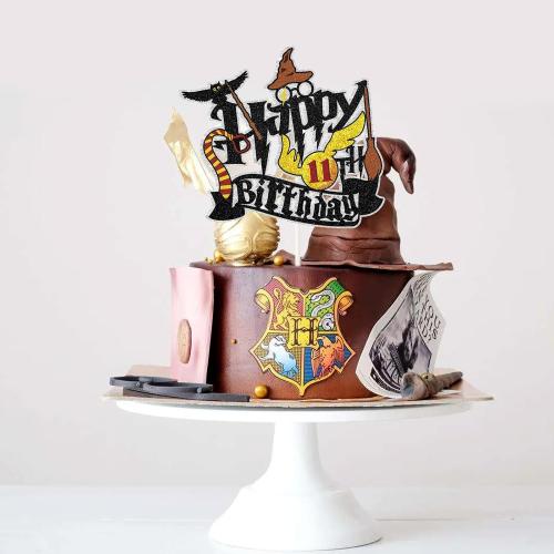 Wizard Happy 11th Birthday Cake Topper - Glitter School Wizard Cake Decor - Harry Theme Party 11th Birthday Party Decoration Supplies