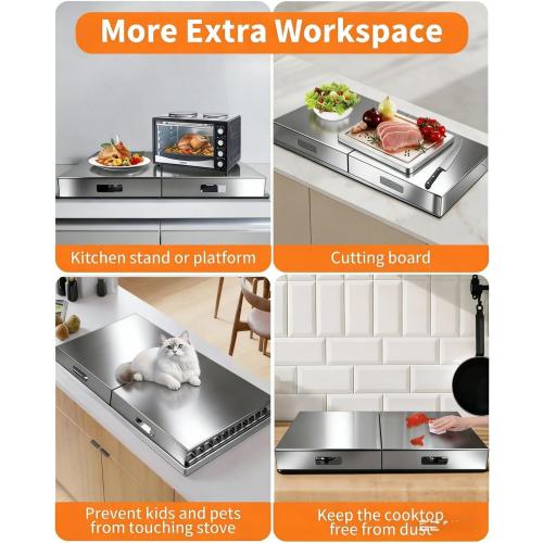 Gas Stove Top Covers,2 In 1 Gas Stove Cover,Stainless Steel Gas Stove Covers,Sink Cover Noodle Cutting Board For Electric Gas Burners Sink Noodle Board,Black,Single Size 15x 21.5x3(2, Silver)