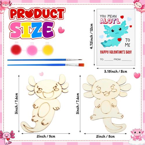 Leinuosen 28 Sets Valentine's Day Axolotl Party Favors Wood Painting Craft Kits with DIY Art Supplies and Cards for Birthday Party Goodie Bag Fillers Prizes Exchange