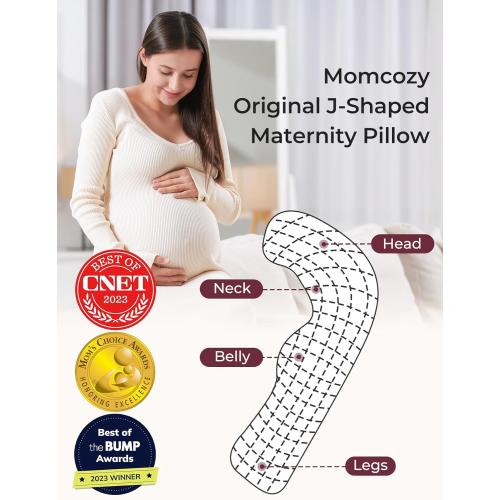 Momcozy J-Shaped Pregnancy Pillow for Sleeping with Cooling Cover, Side Sleeper Support for Belly, Hip & Leg, Deep Grey
