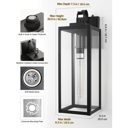 DORESshop 20 Inch Large Size Dusk to Dawn Outdoor Wall Lights, Matte Black Waterproof Anti-Rust Outdoor Light Fixtures Wall Mount with Clear Glass Shade for Porch, with T30 Light Bulbs, 2 Pack