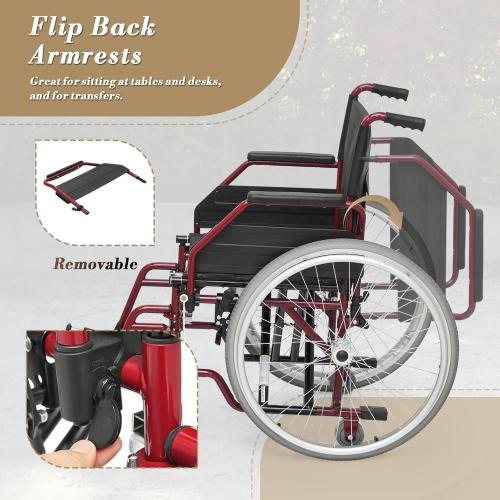 Athena Collection Wheelchair for Adult, Foldable Transport Wheelchair with 17 Width Seat 23.5 Rear Wheel, Wheel Chair with Flit-Back Armrest Swing-Away Footrest and Brake, Support 300 Lbs, Red