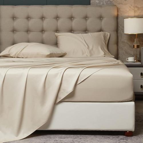 HYPREST Beige Sheets Queen- Rayon Derived from Bamboo，Silk Soft Breathable Luxury Cooling No Sweat, Extra Deep Pocket Queen Fits 18-24 Thick Mattress