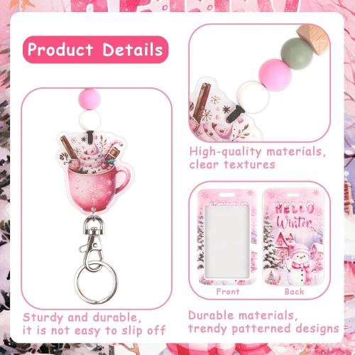 Pink Winter Lanyards ,breck Breakaway Lanyard Detachable Keychain Beaded for Christmas New Year Teacher Nurse Students Supplies