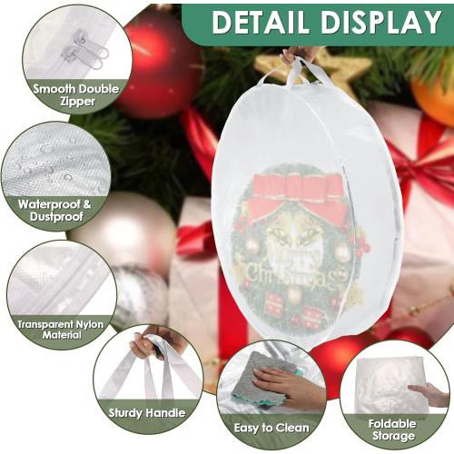 Kokone Pack of 3 Round Wreath Storage Bag, Clear Christamas Wreath Storage Organizer with Handle, 36 Inches Dual Zippered Wreath Bag for Festival Wreath Protector for Decoration, White