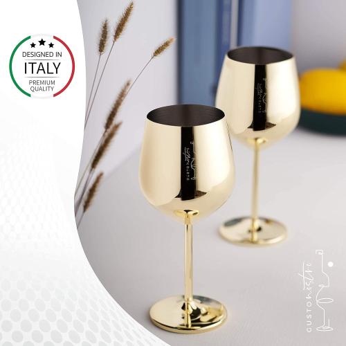 Color Gold Gusto Nostro Stainless Steel Wine Glass - 18 oz Unbreakable Gold Wine Glasses for Travel, Camping and Pool - Fancy, Unique and Cute Portable Metal Wine Glass for Outdoor Events, Picnics (Set of 2)