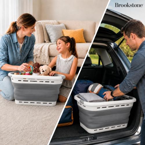 BROOKSTONE 11 GALLON XL 24 Collapsible Laundry Basket & Clothes Hamper, Comfort Non-Slip Handles, Modern Laundry Hamper with Space Saving Design, Portable Pop-Up Hamper, BPA FREE, Light Grey, 1 Pack