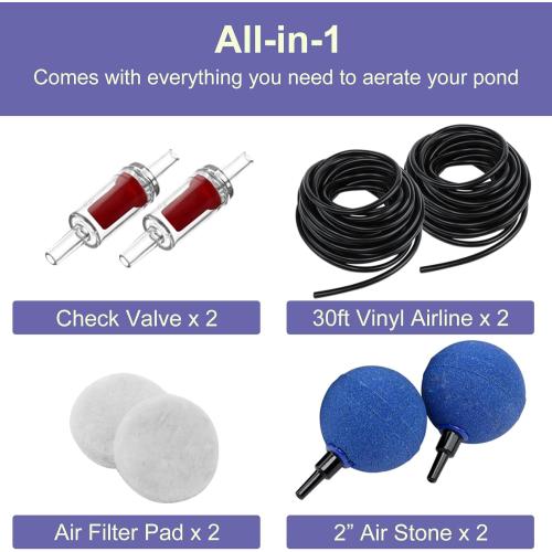 AquaMiracle Koi Pond Aerator for Pond up to 1000 & 2000 Gallons, All-in-One Pond Air Pump Aeration Kit with Air Stones Airline Tubing Check Valves