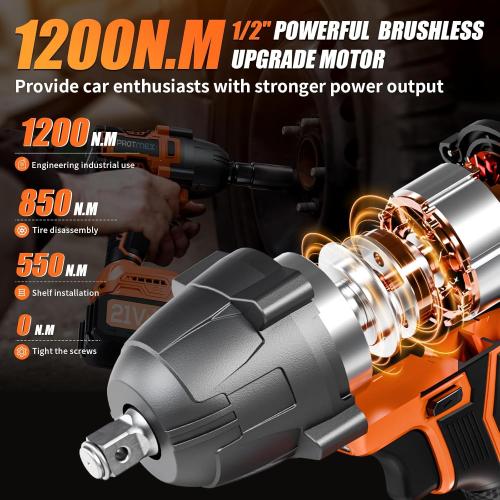 Protmex Cordless Impact Wrench, 900Ft-lbs (1200N.m) 1/2 Brushless Impact Gun, 21V High Torque Power Impact Driver, 2x4.0Ah Batteries Electric Impact Motor Variable Speeds for Car/Pickup Truck/Mower