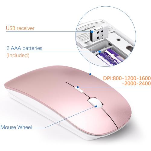 Wireless Keyboard and Mouse Ultra Slim Combo, TopMate 2.4G Silent Compact USB 2400DPI Mouse and Scissor Switch Keyboard Set with Cover, Batteries Included, for PC/Laptop/Windows/Mac - Rose Gold White