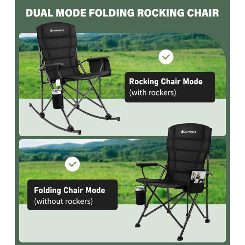 Folding Rocking Chair Supports 440 LBS, Outdoor Folding Chair, Rocking Camping Chairs with Cup Holder & Side Pocket, Padded Outdoor Chairs for Patio Lawn Garden Yard (Black)