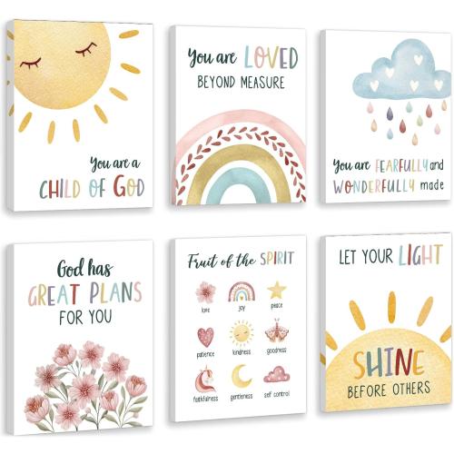 HOURIA Kids Bible Verses Wall Decor,Inspirational Christian Wall Art,Set Of 6 (8’’X10’’) Rainbow Scripture Canvas Wall Art For Nursery Bedroom Classroom Sunday School Decor,Christian Gifts For kids