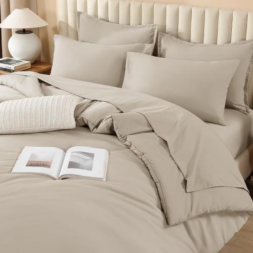 Litanika Comforter California King Size Set Oatmeal - Bed in a Bag California King Bedding Comforter Set, Plain Lightweight Bed Set with Comforter, Sheets, Pillowcases & Shams