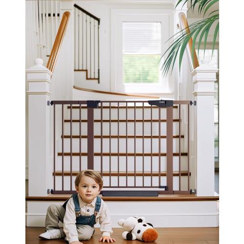 Cumbor 29.7-48 Baby Gate for Stairs, Mom's Choice Awards Winner-Dog Gate for Doorways, Auto Close Safety Pet Gate for Dogs Indoor, Easy Install Pressure Mounted Child Gate with Walk Thru Door, Brown