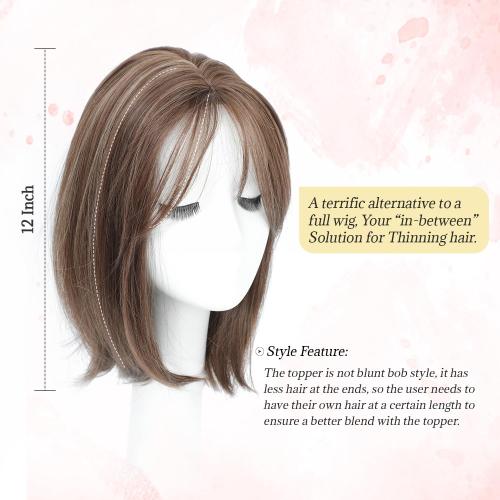 Ms Taj 12 Inch Hair Topper for Women with Thinning Hair, 6.5x6.5 Large Base Synthetic Hair Topper with Bangs, Ladies-Dark Golden Brown with Highlights