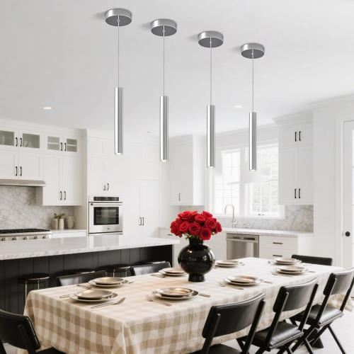 2 Pack Chrome Cylinder Pendant Lights for Kitchen Island, Modern 3W LED | 3000K warm integrated LEDs in slim 15.7 x 1.2 in chrome tubes; 59 in adjustable cords suit dining tables, bars and bedrooms