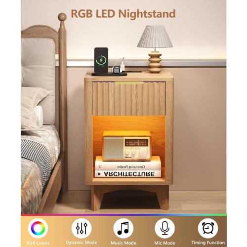 Fluted Nightstand Set of 2, Wooden Night Stand with Charging Station and LED Light, Modern Mid Century End Table with Drawer, Bedside Table for Bedroom, Natural Oak