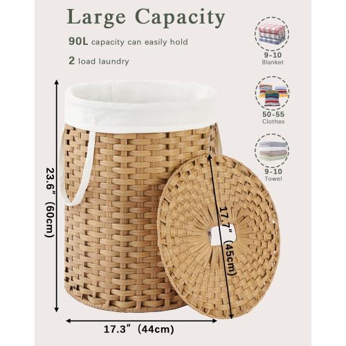 SETVSON Laundry Hamper with Lid 23.8 Gal (90 L) PE Rattan, Natural | 90L 23.8 Gal Round PE Rattan Hamper with Lid, Removable Washable Liner Bag, 2 Mesh Wash Bags, Steel Frame, Handles