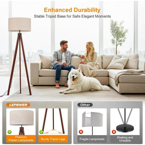 LEPOWER Wood Tripod Floor Lamp, Mid Century Standing Lamp, Modern Design Studying Light for Living Room, Bedroom, Study Room and Office, Flaxen Linen Shade with E26 Base Brown