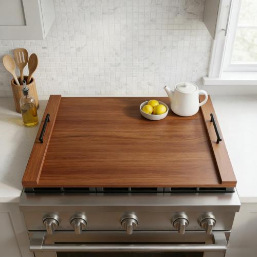 (missing 1 screw of 4 for the handle) Walnut Finish Stove Top Cover for Gas & Electric Range | 30x22 Rustic Noodle Board with Handles | RV Kitchen Workspace Saver