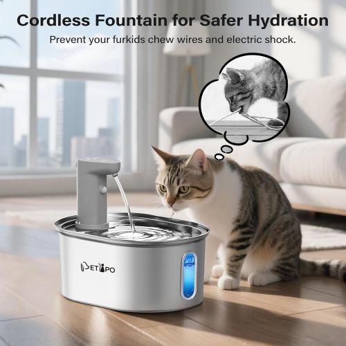 Wireless Cat Water Fountain Stainless Steel, 108oz/3.2L Cat Fountain Battery Operated, Automatic Cordless Water Fountains for Cats Indoor with Auto Shut Off Pump, Pet Water Dispenser for Cats Dogs