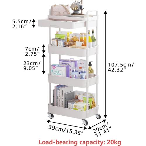 Calmootey 4-Tier Rolling Utility Cart with Drawer,Multifunctional Storage Organizer with Plastic Shelf & Metal Wheel,Storage Cart for Kitchen,Bathroom,Living Room,Office,White
