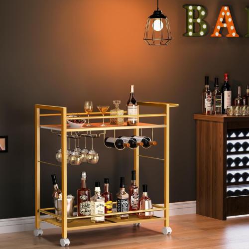 Bar Cart,Home Bar Serving Cart with Storage Shelves, 2 Tier Rolling Beverage Cart with Wheels, Modern Wine Cart with Wine Rack and Glass Holder for Kitchen, Living Room,Dinning Room,Gold