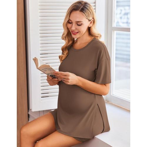 BROWN 2XL Ekouaer Women's Maternity Pajamas Sets 2 Piece Outfits Short Sleeve Shirts and Biker Shorts Pregnancy Loungewear Mama Clothes