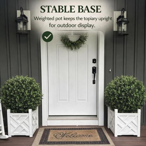 Artificial Boxwood Topiary Trees Set of 2, 26 Tall UV Resistant Real Touch Faux Plants in Pots for Front Porch, Entryway & Patio Decor