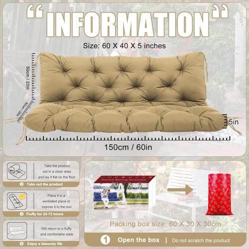 Color Brown Extra Thick 5 Porch Swing Cushions Outdoor 60 inch x 40 with Backrest & 8 Ties Khaki Waterproof Swing Cushions 3 Seater Replacement for Outdoor Furniture Bench Patio Garden