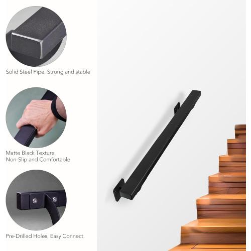 2 FT Heavy Duty Black Metal Staircase Handrail Indoor Stair Railing - 24 Inch Wall Mount Iron Pipe Hand Rails for Indoor & Outdoor, Banister Steps Rail Safety Wall Grab Bar for Seniors