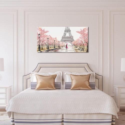Eiffel Tower Canvas Wall Art - Romantic Paris Street Scene with Cherry Blossoms & Couple, Pink 20x40 Inch, Ready to Hang Framed Print for Living Room Bedroom Decor (Gallery Wrapped)