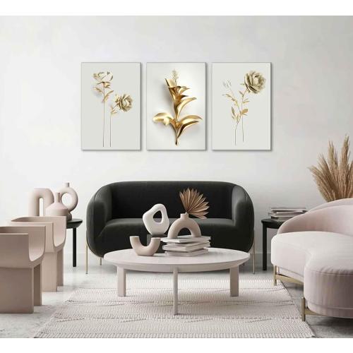 3Pcs Abstract Golden Flower Canvas Wall Art Modern Luxury Minimalism Nordic Floral Plant Painting Picture Wall Decor Poster Print Artwork for Living Room Bedroom Home Decoration