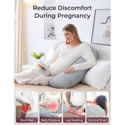 Momcozy J-Shaped Pregnancy Pillow for Sleeping with Cooling Cover, Side Sleeper Support for Belly, Hip & Leg, Deep Grey