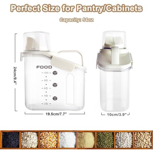 2 PCS Cereal Storage Containers, 1.5L/51oz Dry Food Rice Holder, Pet Dog Cat Food Dispenser with Measuring Cup, BPA Free Clear Plastic Kitchen Pantry Organization Bin, 1 Blue 1 White