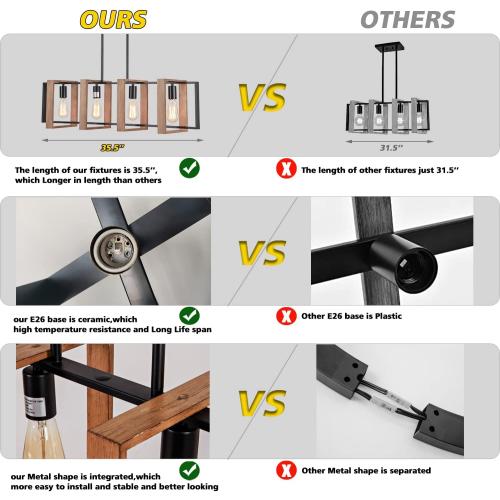 Dining Room Light Fixture Farmhouse Pendant Lights Kitchen Island Rustic Kitchen Light Fixtures 4 Lights Wood and Black Metal Rectangular Chandelier Ceiling Hanging Lighting 35.4