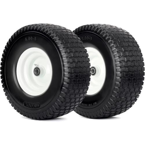 15x6.00-6 Flat Free Lawn Mower Tire and Wheel, 15x6-6nhs Riding Mowers Lawn Tire and Wheel with 3/4 Bearing, 3 Centered Hub, 2 Pack