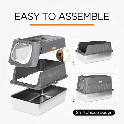 Trivic Stainless Steel Cat Litter Box with Lid,XL Extra Large Enclosed Removable Metal Litter Box with Litter Scoop&Double Layer Litter Mat,Non-Sticky，Non-Odor,Easy Cleaning, for Big Cats Dark Grey